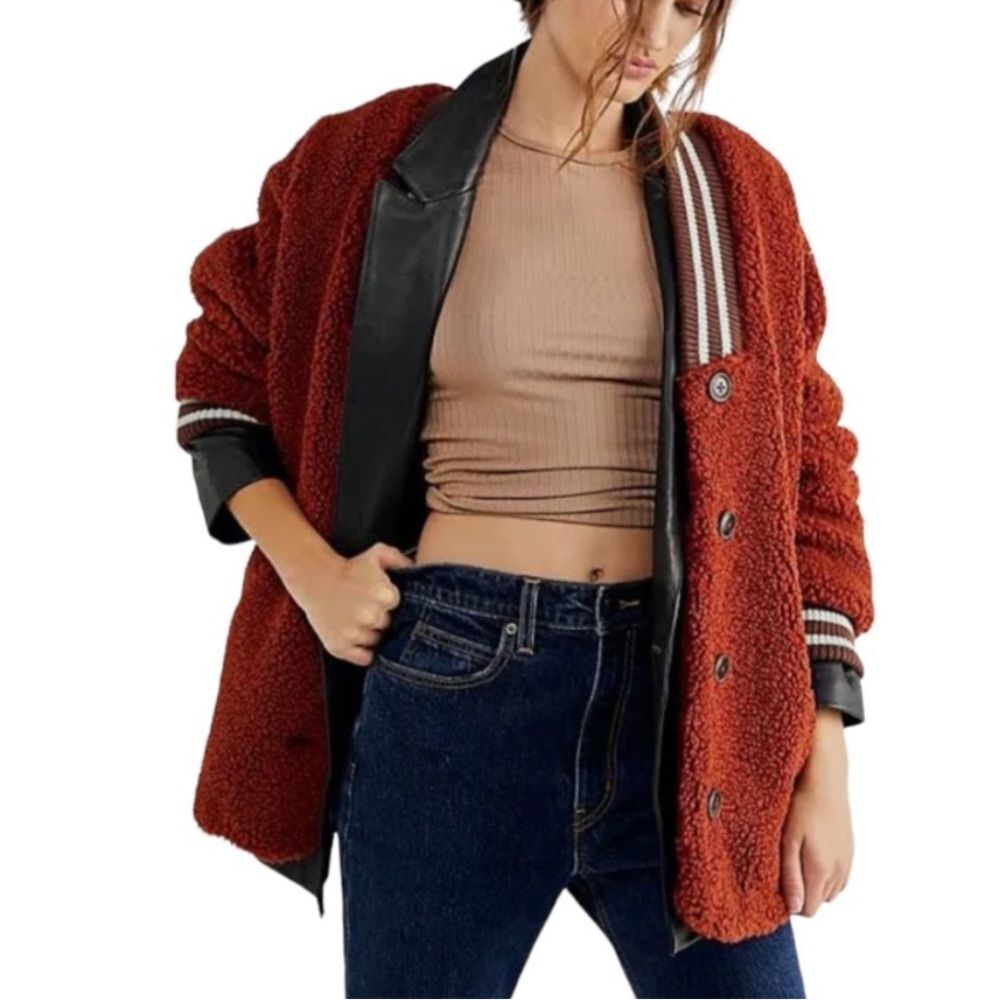 Free People Sweet Varsity Cardigan Teddy Fleece Jacket Size Medium